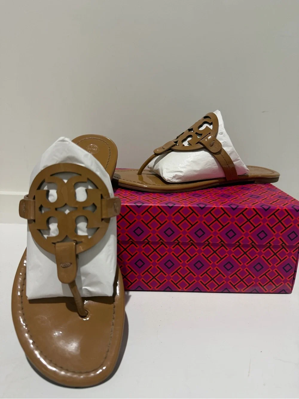 Tory Burch Tan Leather Miller Logo Thong Sandals